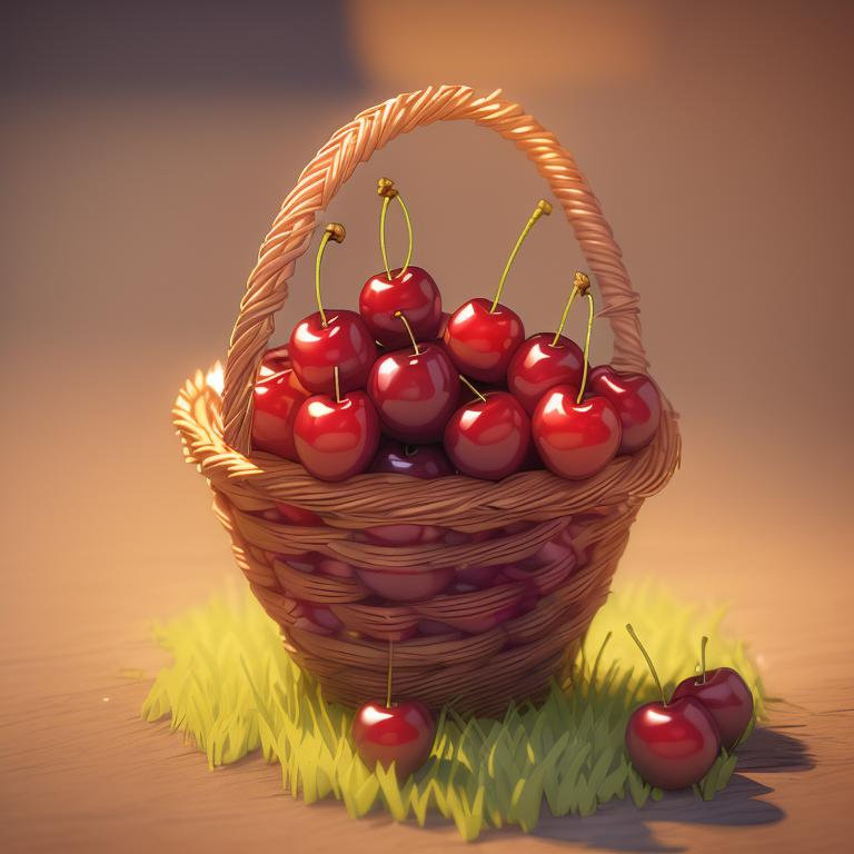 c4d a basket full of cherries, grass by wess anderson, high quality. Flux pro prompts
