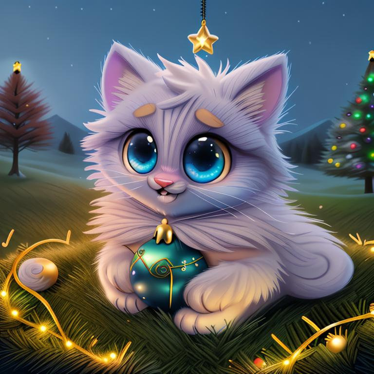 Masterpiece, Best Quality, highres, fantasy, official art, kitten, blue eyes, grass, sky, scenery, Fuji 85mm, fairytale illustration, colored sclera, black eyes, perfect eyes, happy, cute, cat, whiskers, pawpads, claws, furry, plush, soft, perfect, tail, christmas lights, christmas tree, christmas ornaments, warmth. flux pro prompts